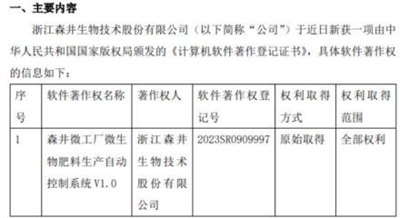 森井生物獲計(jì)算機(jī)軟件著作登記證書(shū) 助力生物肥料產(chǎn)業(yè)創(chuàng)新發(fā)展